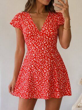 Sugar + Lips Red Leopard Print Fit & Flare Mini Dress Romantic Date Night Dress